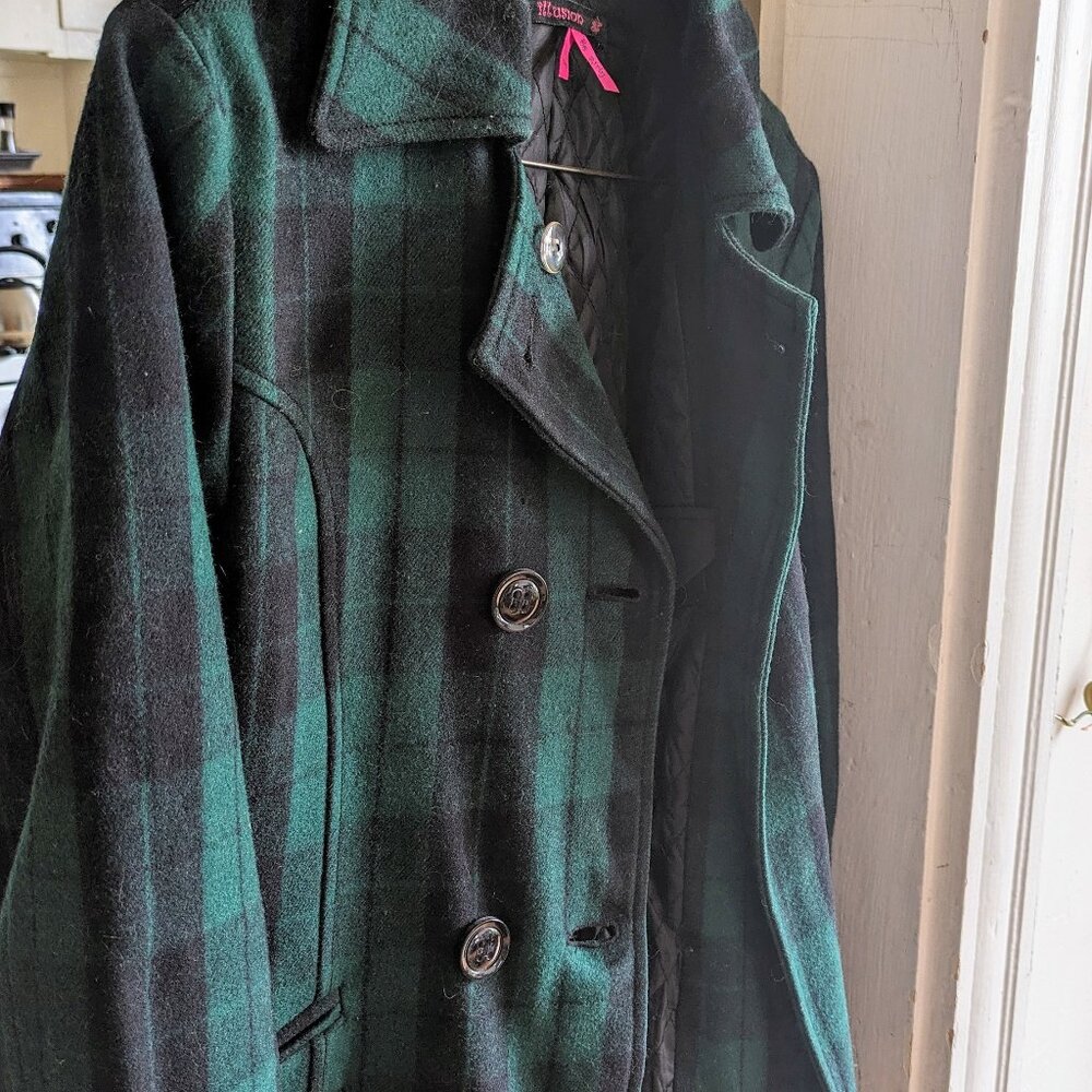 Green and Black Plaid Peacoat